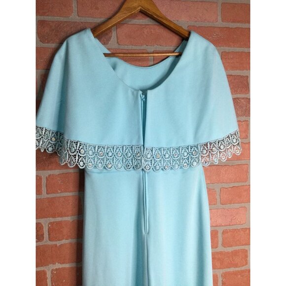 Vintage Miss Rubette Maxi Dress Lace Trim Cape Overlay Blue Size 14 - Picture 7 of 12
